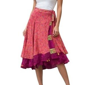 Kariza Silk Reversible Sari Wrap Around Skirt Layer Boho Fairy Red Pink One Size